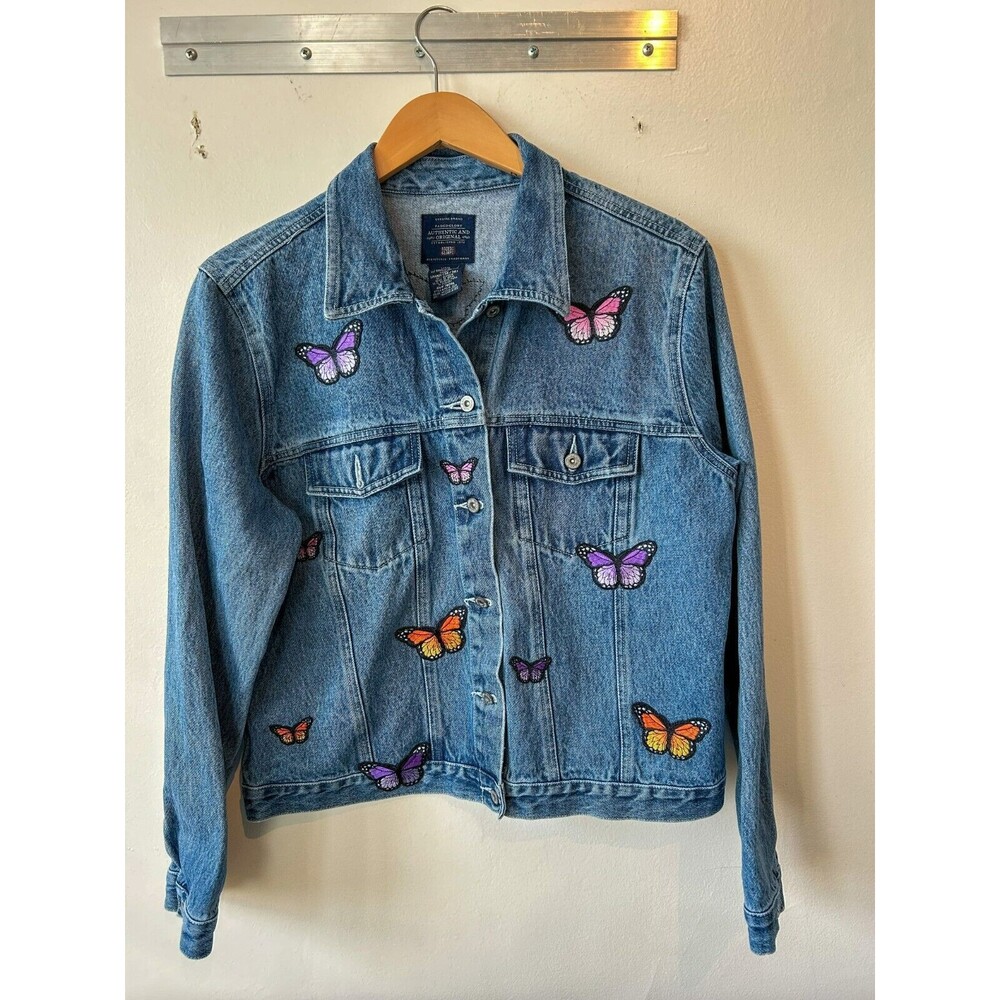 Faded Glory customized Denim Jacket Women L Medium Color Wash Button Up Collared